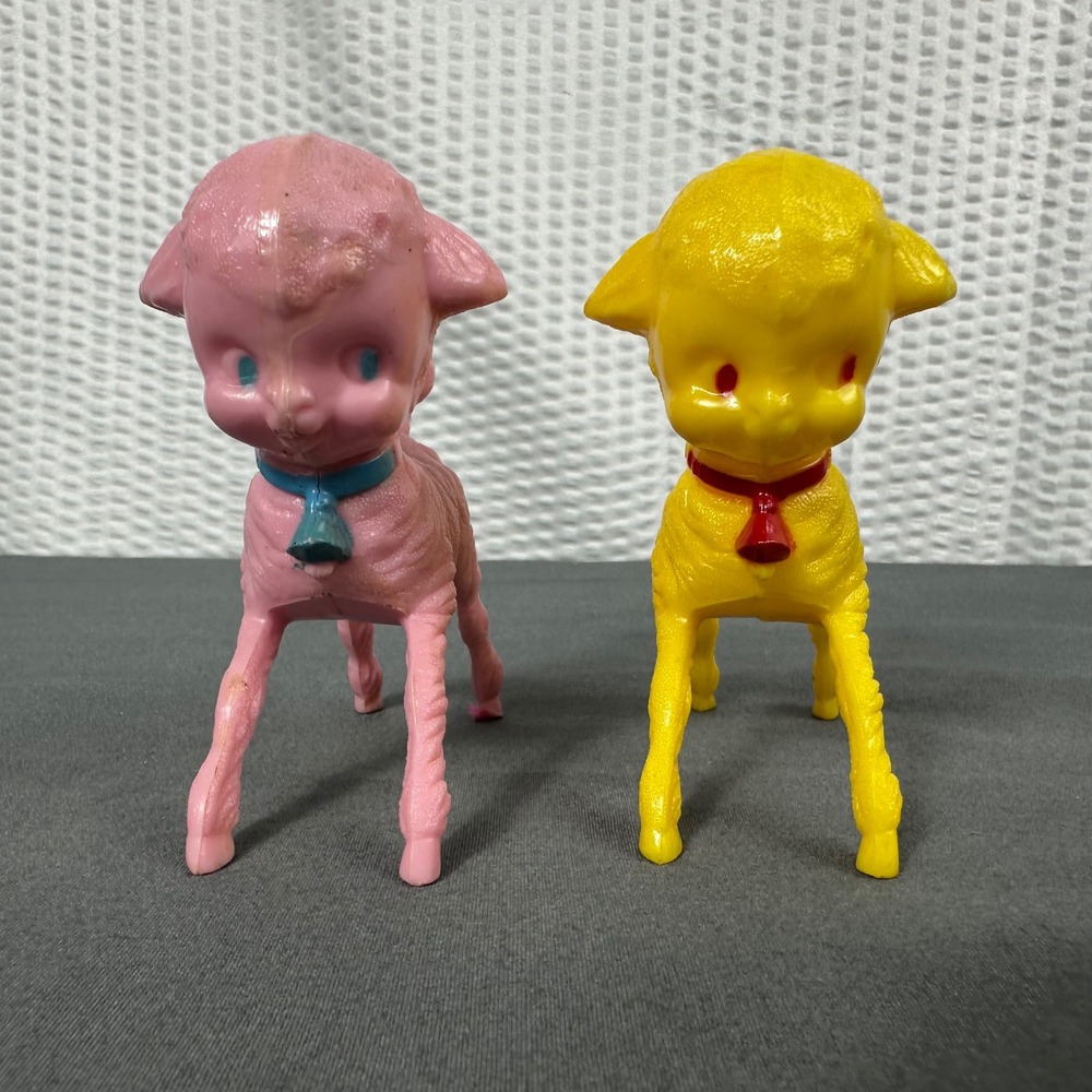 Vintage 1950s Irwin Lamb Baby Rattle Toy Lot Pink Yellow Hard Plastic Easter